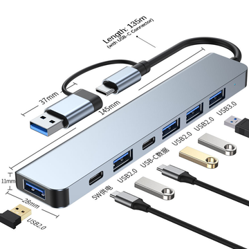 HU2217TU 7-in-2 Hub USB-C/USB3.0 to 5*USB+USB-C Data+PD - Divvow
