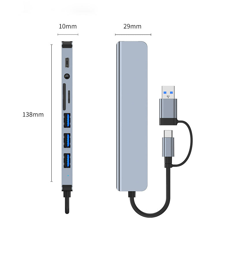 HU2218TU 8-in-2 Hub USB-C/USB3.0 to USB3.0+3*USB2.0+USB-C Data+SD+TF+Audio - Divvow