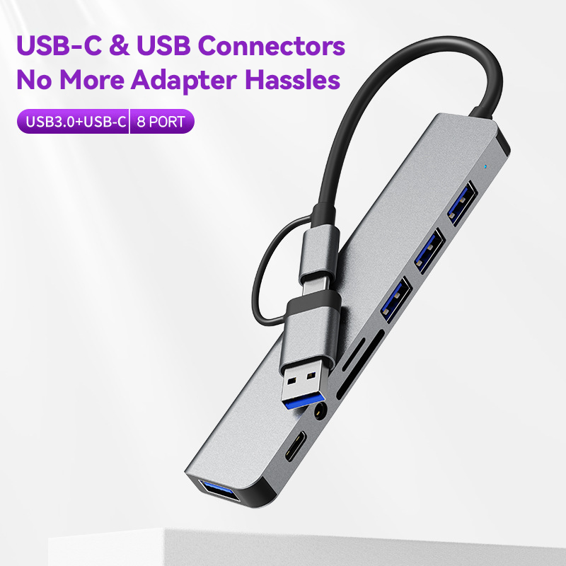 HU2218TU 8-in-2 Hub USB-C/USB3.0 to USB3.0+3*USB2.0+USB-C Data+SD+TF+Audio - Divvow