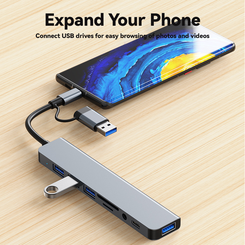 HU2218TU 8-in-2 Hub USB-C/USB3.0 to USB3.0+3*USB2.0+USB-C Data+SD+TF+Audio - Divvow