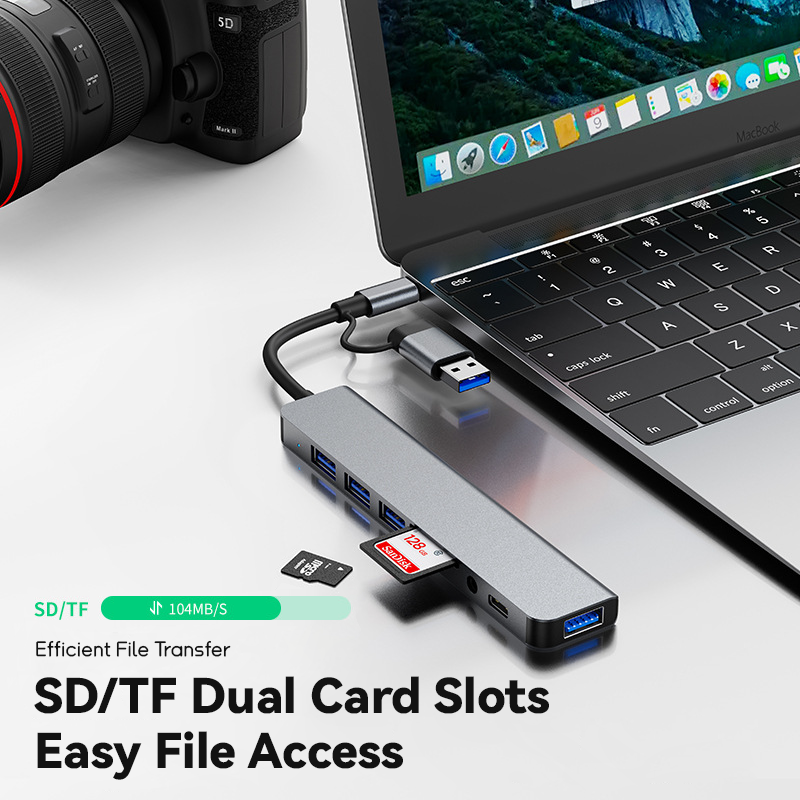 HU2218TU 8-in-2 Hub USB-C/USB3.0 to USB3.0+3*USB2.0+USB-C Data+SD+TF+Audio - Divvow