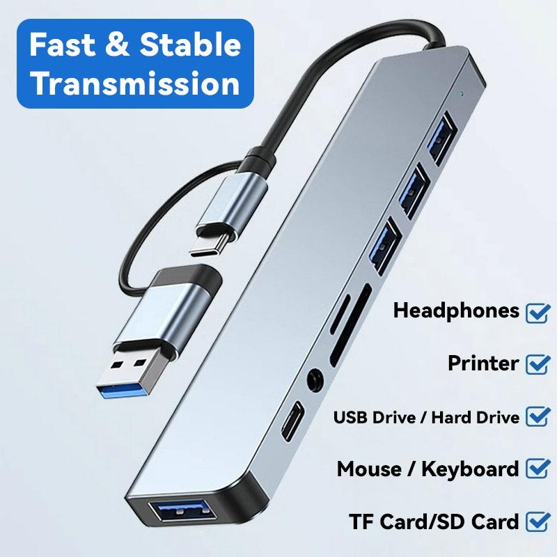 HU2218TU 8-in-2 Hub USB-C/USB3.0 to USB3.0+3*USB2.0+USB-C Data+SD+TF+Audio - Divvow
